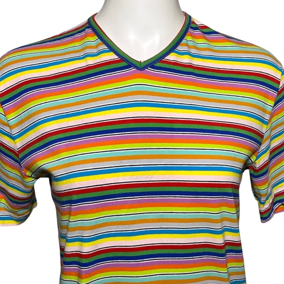 Katharine Hamnett Denim Vibrant Rainbow Striped V-Neck Short Sleeve T-Shirt sz L - Picture 3 of 8